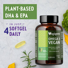 Carica l'immagine nel visualizzatore di Gallery, VEGAGENO Omega 3 Vegan – Olio di alghe 2000 mg di origine vegetale con 600 mg di DHA e 300 mg di EPA per dose giornalier
