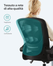 Carica l'immagine nel visualizzatore di Gallery, SONGMICS Sedia da Ufficio, Girevole, di Rete, da Computer Ergonomica, Supporto Lombare Imbottito, Funzione Oscillante, Seduta 53 cm, Braccioli Pieghevoli, Nero OBN37BK