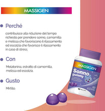 Carica l'immagine nel visualizzatore di Gallery, Massigen - Sonno Gummy, Integratore Alimentare con Melatonina e Estratti Naturali, Due Confezioni 60 Caramelle da 3,3 g, Vitamine Gommose, Gusto Mirtillo, Per Rilassamento e Sonno