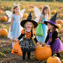 Carica l'immagine nel visualizzatore di Gallery, Vestito Halloween Bambina Gonna Tulle Nero,Vestito Strega Bambina Con Cappello Strega E Scopa,Costumi Halloween Bambini 