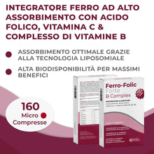 Carica l'immagine nel visualizzatore di Gallery, FERRO FOLIC Integratore Ferro 160 compresse ad alto dosaggio, ferro acido folico e Vitamina B12 con Complesso B e Vitami