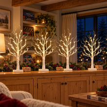 Carica l'immagine nel visualizzatore di Gallery, Set di 4 alberi di luci con 24 LED bianco caldo, betulla con funzione timer, funzionamento a batteria, decorazione natal