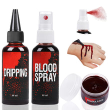Carica l'immagine nel visualizzatore di Gallery, Set di Sangue Finto, 60ml Sangue Finto Spray e 60ml Sangue Gocciolante e 40ml Gel Coagulato, Trucco per Halloween, Lavabile, per Vestiti, Zombie, Cosplay (set)