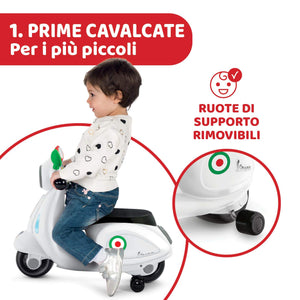 Chicco Vespa per Bambini Primavera Bianca, Moto Giocattolo Cavalcabile con Pannello Elettronico, Luci e Suoni, Ruote di Supporto Rimuovibili, Max 25 Kg, Giochi per Bambini 1-3 Anni