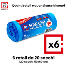 Carica l'immagine nel visualizzatore di Gallery, R MOVE 120 sacchetti spazzatura 50x60 cm, sacchi spazzatura 35 litri, 6 rotoli, 20 sacchi immondizia per rotolo, sacchi 