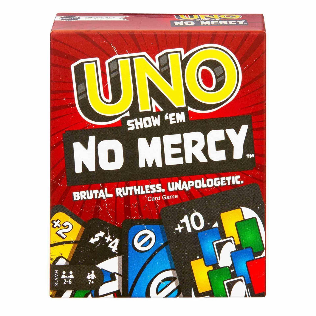 Mattel Games UNO No Mercy - La versione di UNO più brutale di sempre, con 56 nuove carte, regole speciali, come Salta Tutti, Pesca 6 e Pesca 10, giocattolo per bambini, 7+ anni, HWV18, Multicolour
