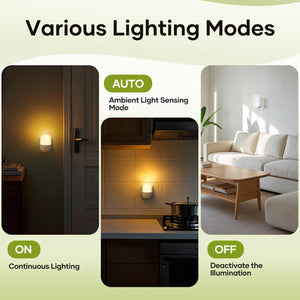 [2 Pezzi] Luce Notturna con Sensore Crepuscolare, 5 Livelli di Luminosità Regolabili, ON/OFF/AUTO Modalità, 3000K Bianco Caldo Luce Notturna Bambini per Camera da Letto, Soggiorno, Corridoio, 0,3W