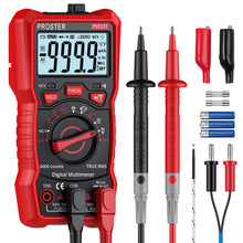 Carica l'immagine nel visualizzatore di Gallery, Proster Multimetro Digitale 6000 Conta 10A 600V TRMS Auto Range con Supporto Posteriore Rilevatore NCV Misuratore di Tensione Corrente DC AC Temperatura Capacità Resistenza Diodo Tester di Continuità