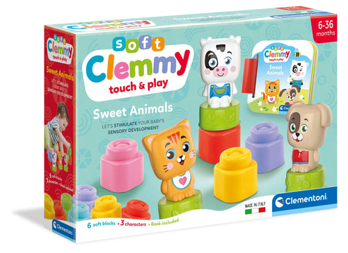 Clementoni Soft Clemmy - Sweet Animals, Play Set Bambini 6-36 Mesi, con 6 Mattoncini per Costruzioni e 3 Personaggi, Gioco Prima Infanzia Made in Italy, per Stimolare i Sensi dei più Piccoli, 17849