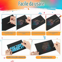 Carica l'immagine nel visualizzatore di Gallery, Fogli da grattare per bambini – 50 fogli arcobaleno da grattare con 5 stilo in legno, 4 modelli, kit disegno DIY, scratc