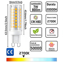 Carica l'immagine nel visualizzatore di Gallery, G9 LED 7W 800 Lumen, Bianco Caldo 2700K, Risparmio Energetico