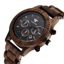 Carica l'immagine nel visualizzatore di Gallery, VICVS Orologio da uomo in legno, orologio da uomo Pterocarpus soyauxii in noce nero, cronografo multifunzione con cinturino in legno, adatto a qualsiasi polso (Walnut)