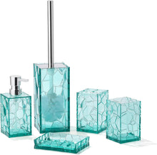 Carica l'immagine nel visualizzatore di Gallery, Set di accessori da bagno in acrilico trasparente, antiruggine, design trasparente, include dispenser di sapone, portaspazzolino, tazza, portasapone e scopino per WC, 5 pezzi (blu foglia di tè)