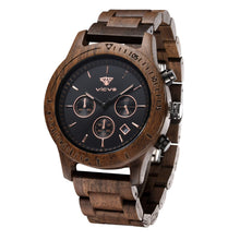Carica l'immagine nel visualizzatore di Gallery, VICVS Orologio da uomo in legno, orologio da uomo Pterocarpus soyauxii in noce nero, cronografo multifunzione con cinturino in legno, adatto a qualsiasi polso (Walnut)