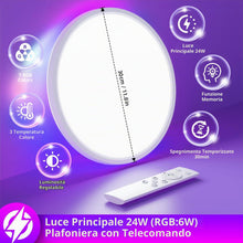 Carica l'immagine nel visualizzatore di Gallery, Plafoniera Led Soffitto, 24W 2160LM Lampada da Soffitto con Telecomando, Moderno 3000K-6500K 7 RGB Colore Plafoniere da 