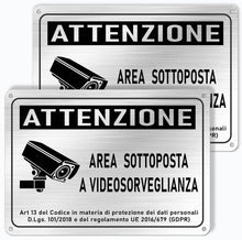 Carica l'immagine nel visualizzatore di Gallery, 2 PEZZI Cartello Area Videosorvegliata in Alluminio Spazzolato 22cm x 15cm Spessore 1mm con Adesivo e 4 Fori| Elegante p