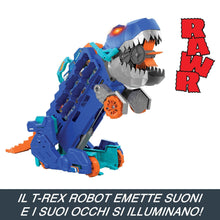 Carica l'immagine nel visualizzatore di Gallery, Hot Wheels City 'Let's Race' Netflix - Mega Dino Trasportatore, pista da corsa che si trasforma in un T-Rex, playset con luci e suoni, box per riporre 20 macchinine in scala 1:64, 4+ anni, HNG50