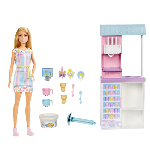 Barbie - Playset Gelateria con Bambola con Macchina per Gelato, Accessori, 2 Tipi di Pasta Modellabile, Giocattolo e Regalo per Bambini 4+ Anni, HCN46