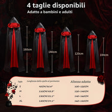 Carica l'immagine nel visualizzatore di Gallery, Mantello Vampiro, Mantello Halloween Raso Reversibile Rosso Nero con Cappuccio, Costume Vampira per Halloween Carnevale 