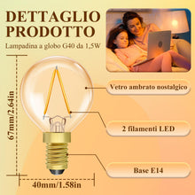 Carica l'immagine nel visualizzatore di Gallery, Luxvista Lampadina LED E14 1,5W Luce Calda 2200K, Stile Vintage Ambra, Equivalente a 20W, Forma Piccola G40 per Lampadar