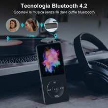 Carica l'immagine nel visualizzatore di Gallery, Lettore MP3 Bluetooth, 32GB Lettore MP4 Portatile HiFi Lossless Sound, MP3 Player Musicale Lettore con radio FM/Registratore Vocale/Video/E-Book, Suppota TF Fino a 128G (Cuffie Incluse)