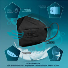 Carica l'immagine nel visualizzatore di Gallery, 50 Mascherine FFP2 Nere Made in Italy Certificate CE SICURA Elastici Neri