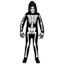 Carica l'immagine nel visualizzatore di Gallery, W WIDMANN MILANO Party Fashion - Costume da scheletro per bambino, tuta con cappuccio, bianco, si illumina ai raggi UV, 