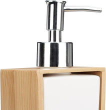 Carica l'immagine nel visualizzatore di Gallery, Relaxdays Set Accessori Bagno 4 Utensili, Dispenser, Porta-Sapone, Porta-Spazzolino, bambù, Ceramica, Marrone e Bianco