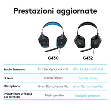 Carica l'immagine nel visualizzatore di Gallery, Logitech G G432 Cuffie Gaming Cablate, Audio Surround 7.1, DTS: x 2.0, Driver 50 mm, ‎Jack USB 3.5 mm, Microfono Flip-to-Mute, Leggere, PC/Mac/Xbox One/PS4/Nintendo ‎Switch, Nero/Blu
