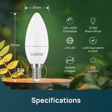 Carica l'immagine nel visualizzatore di Gallery, Linkind Lampadine LED E14 Dimmerabile Luce Calda, 4.2W(Equivalenti a 40W), Luce Bianca Calda 2700K, 470Lumen, Pacco da 6
