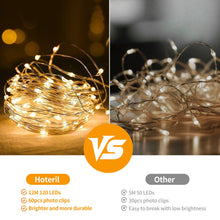 Carica l'immagine nel visualizzatore di Gallery, Luci per Foto, 12M Lucine LED Decorative per Camere Filo con Mollette 60 Clip, Luci LED a Batteria per Parete Camera Natale Feste Matrimonio Compleanni - Bianco Caldo