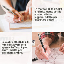 Carica l'immagine nel visualizzatore di Gallery, Nicpro 6 Pezzi Metallo Matite Meccaniche Set, Art Matite 0,5 mm, 0,7 mm 0,9 mm e 2mm (2B HB 2H), Portamine con 12 Tubo M