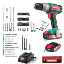 Carica l'immagine nel visualizzatore di Gallery, Trapano Avvitatore Batteria 18V, HYCHIKA Brushless 60Nm Trapano a Percussione, 2.0Ah Batteries, 53 Accessori, Caricatore Rapido, 21+3 Coppie, 2 Velocità Variabile, 0-500/0-2000 RPM