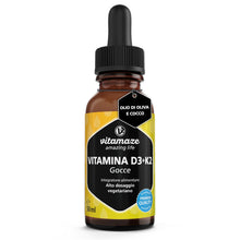 Carica l'immagine nel visualizzatore di Gallery, Vitamina D3 + K2 Gocce, 1000 UI ad Alta Dose, Vegetariano &amp; Liquido (99,7+% All-Trans MK-7), 50 ml (1700 Gocce), Elevata
