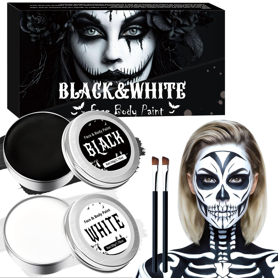 Halloween Trucco Bianco e Nero, 50g x 2Pezzi Pittura del Viso Corpo, Trucca Bimbi Viso, Truccabimbi, Impermeabile e di Lunga Durata, Adatto per il Trucco Teatrale, Halloween, Carnevale