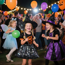 Carica l'immagine nel visualizzatore di Gallery, Vestito Halloween Bambina Gonna Tulle Nero,Vestito Strega Bambina Con Cappello Strega E Scopa,Costumi Halloween Bambini 
