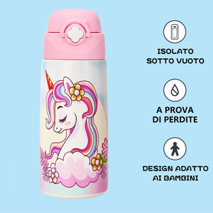Kiocko Borraccia Per Bambini, In Acciaio Inox, 475 Ml, Certificata TüV, Senza Bpa,Bottiglia Acqua Con Cannuccia A Prova Di Perdite, Per Scuola, Asilo (1-Unicorno)