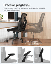 Carica l'immagine nel visualizzatore di Gallery, SONGMICS Sedia da Ufficio, Girevole, di Rete, da Computer Ergonomica, Supporto Lombare Imbottito, Funzione Oscillante, Seduta 53 cm, Braccioli Pieghevoli, Nero OBN37BK