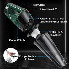 Carica l'immagine nel visualizzatore di Gallery, Minthouz Aspirabriciole Per Auto Senza Fili, Aspirapolvere Portatile 120 W, Ricarica Rapida, 30 Minuti Di Autonomia, Facile Da Pulire Con 2 Filtri Hepa, Con Luce Led, Adatto A Casa, Auto, Ufficio
