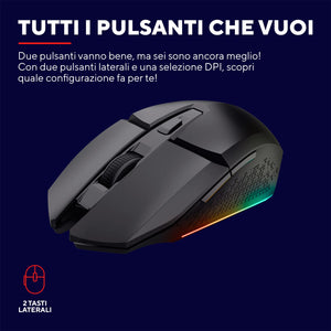 Trust Gaming GXT 110 Felox Mouse Gaming Wireless Ricaricabile, 80 Ore di Autonomia, 800-4800 DPI, Illuminazione LED, 6 Pulsanti, Mouse Senza Fili RGB per Computer, Laptop, Windows - Nero