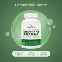 Carica l'immagine nel visualizzatore di Gallery, Bandini® Vitamina K2 MK7 200µg | 400 Compresse | Menachinone Alto Dosaggio