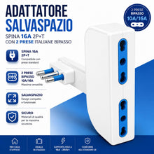 Carica l'immagine nel visualizzatore di Gallery, 1 Pezzo Adattatore Salvaspazio Bianco, Spina 16A 2P+T con 2 Prese Bipasso Italiane 10/16A, AC 220V Max 1500W