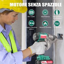 Carica l'immagine nel visualizzatore di Gallery, Trapano Avvitatore Batteria 18V, HYCHIKA Brushless 60Nm Trapano a Percussione, 2.0Ah Batteries, 53 Accessori, Caricatore Rapido, 21+3 Coppie, 2 Velocità Variabile, 0-500/0-2000 RPM