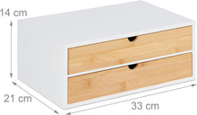 Carica l'immagine nel visualizzatore di Gallery, Relaxdays Organizer da Scrivania, bambù e MDF, Portaoggetti Salvaspazio con 2 Cassetti, HLP 14x33x21 cm, Bianco/Naturale