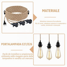 Carica l'immagine nel visualizzatore di Gallery, GOMETY 3 paia di portalampada E27, kit a sospensioni con interruttore, corda di canapa 6,8 m, lampada fai-da-te vintage,