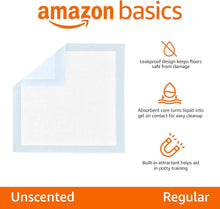 Carica l'immagine nel visualizzatore di Gallery, Amazon Basics Tappetini per l'addestramento di Cani e Cuccioli, Design a 5 Strati a Prova di perdite con Superficie ad Asciugatura Rapida, Dimensione Standard, Confezione da 100, Blu/Bianco