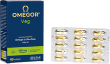Carica l'immagine nel visualizzatore di Gallery, Omega 3 Vegan OMEGOR Veg - Omega3 Vegetale IFOS 5 Stelle e Vegan Society da Olio di Alghe con Vitamina E - 250mg DHA e 125mg EPA (60 Capsule)