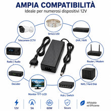 Carica l'immagine nel visualizzatore di Gallery, Alimentatore 12V 5A 60W AC/DC Stabilizzato, Trasformatore Switching con Cavo Rete e Connettore DC 5.5x2.1mm, per Strisce
