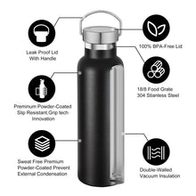 Carica l'immagine nel visualizzatore di Gallery, Volhoply 600ml Bottiglia in Acciaio Inox con Manico,Borraccia Termica Isolata a Prova di Perdite, Water Bottle a Doppia Parete Senza BPA, Bottiglie Sportive per Scuola,Lavoro(Nero, 1 set)
