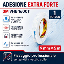 Carica l'immagine nel visualizzatore di Gallery, 3M Nastro Biadesivo 1600T Extra Forte in Schiuma PE 9 mm x 5 m | 1 Rotolo | Nastro di Montaggio Impermeabile per Interni